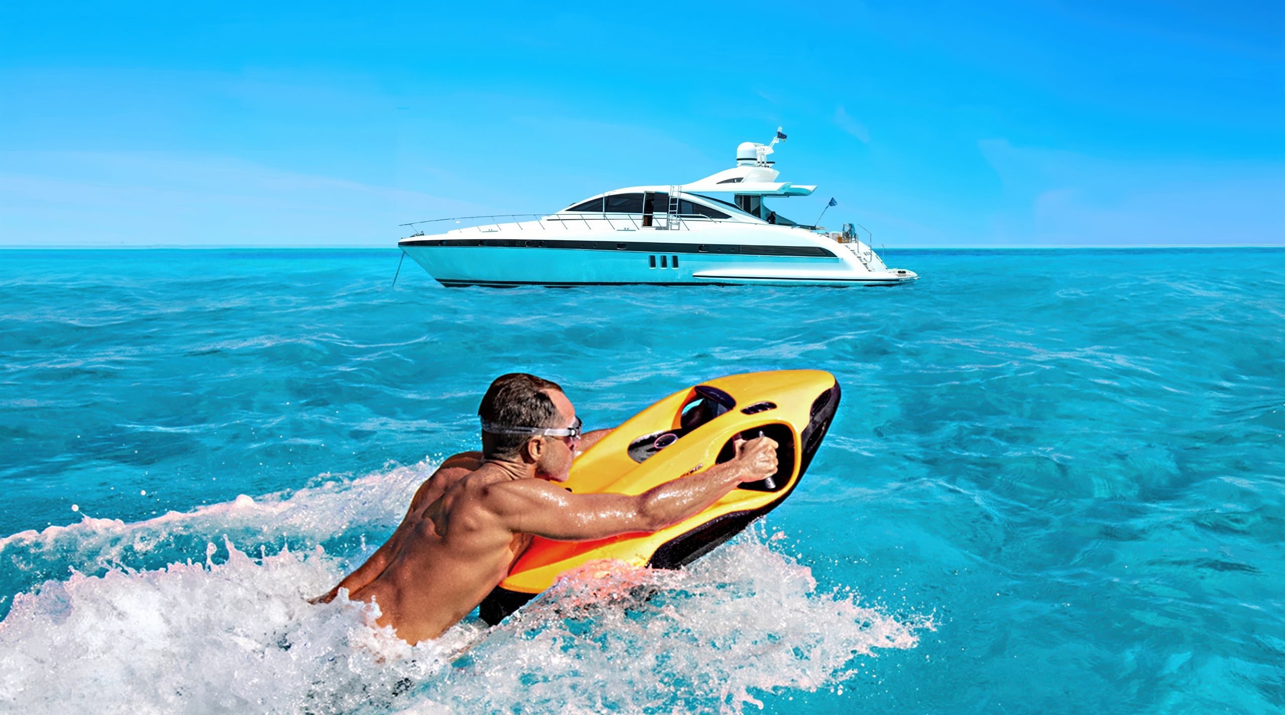 Rider on a Seabob F9 underwater jet scooter beside a luxury yacht in Turkey